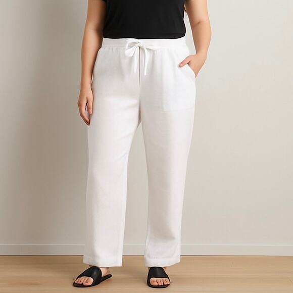Caslon Pants - Caslon Size L Women's Drawstring Wide Leg Linen Blend Pants White Summer Comfort